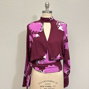 FREE PEOPLE Say You Love Me Top Blouse Purple Floral Keyhole Neck